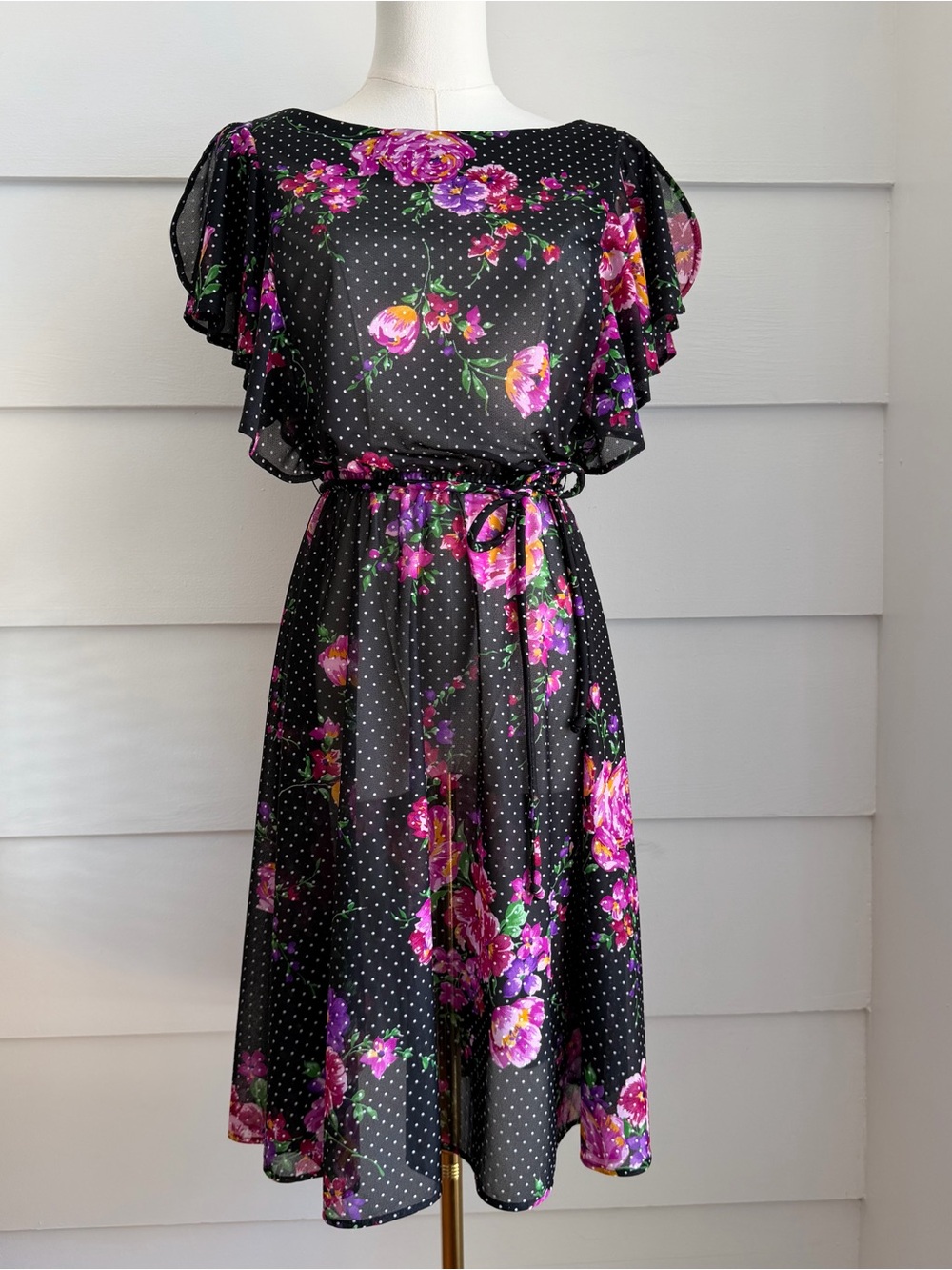 Vintage 1970s Floral Polka Dot Chiffon Dress XS Made in USA